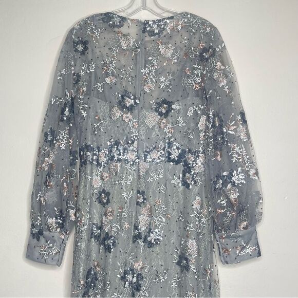 Mac Duggal 67936 Size 10 Bishop Sleeve Embroidered Mermaid Platinum Dress - Picture 5 of 14